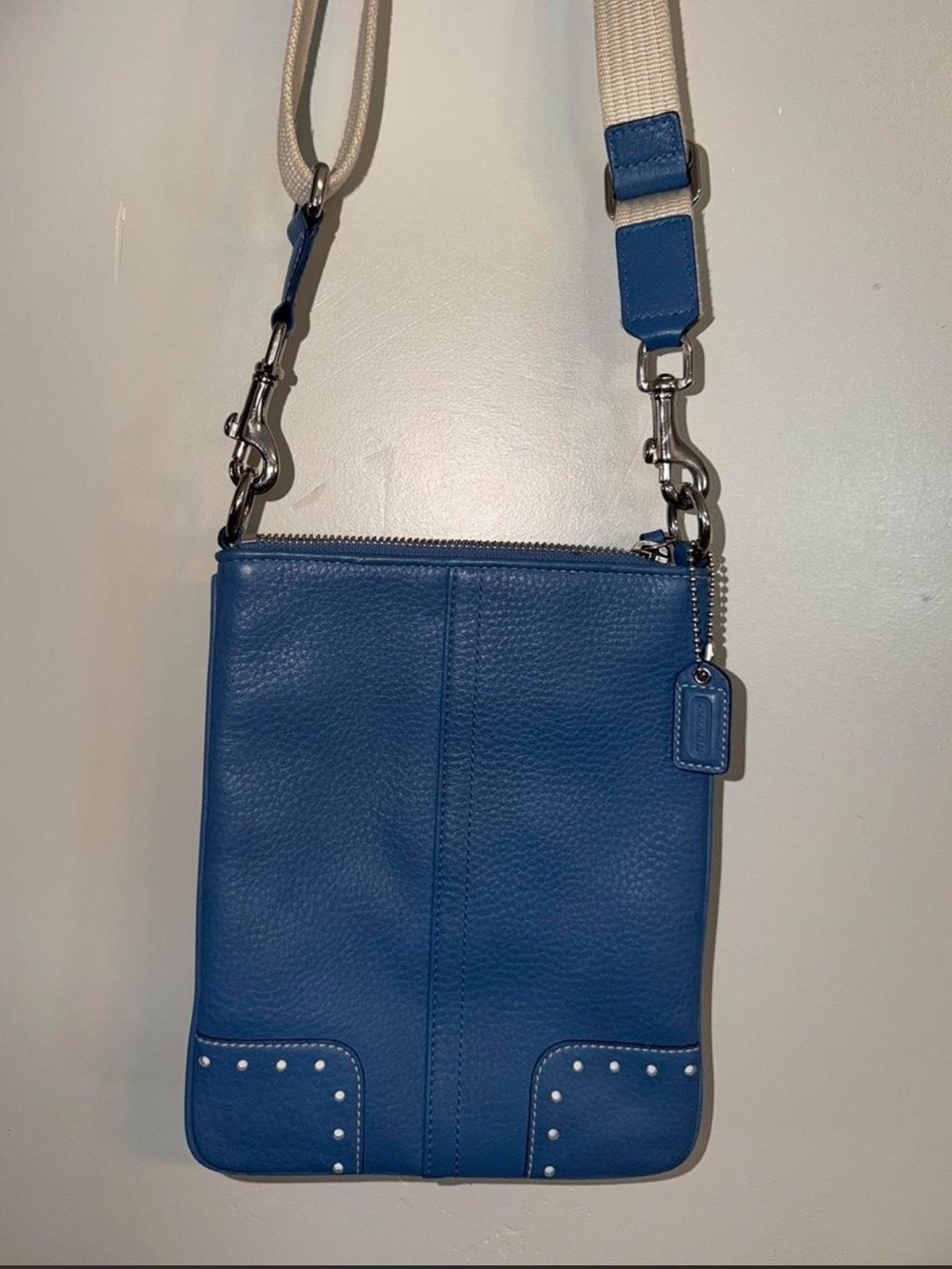 Coach Blue Pebbled Leather Crossbody with Stud Accents